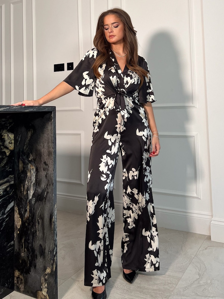 Girl In Mind Black White Floral Viola Wrap Tie Detail Wide Leg Jumpsuit - Image 4 of 4 Girl In Mind Black White Floral Viola Wrap Tie Detail Wide Leg Jumpsuit - Image 4 of 4