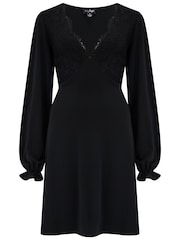 Pour Moi Black Anya Fuller Bust Lace Detail Slinky Jersey Long Sleeve Tea Dress - Image 3 of 4