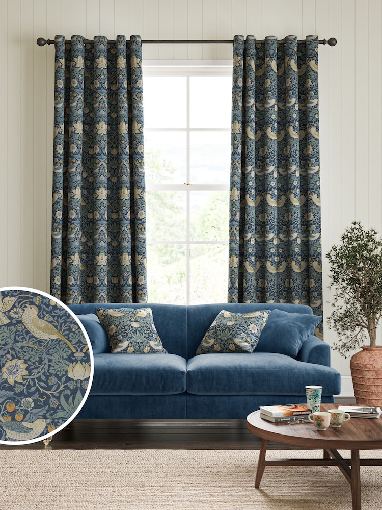 William Morris At Home Blue Strawberry Thief Made to Measure 100% Cotton Curtains - Image 1 of 9
