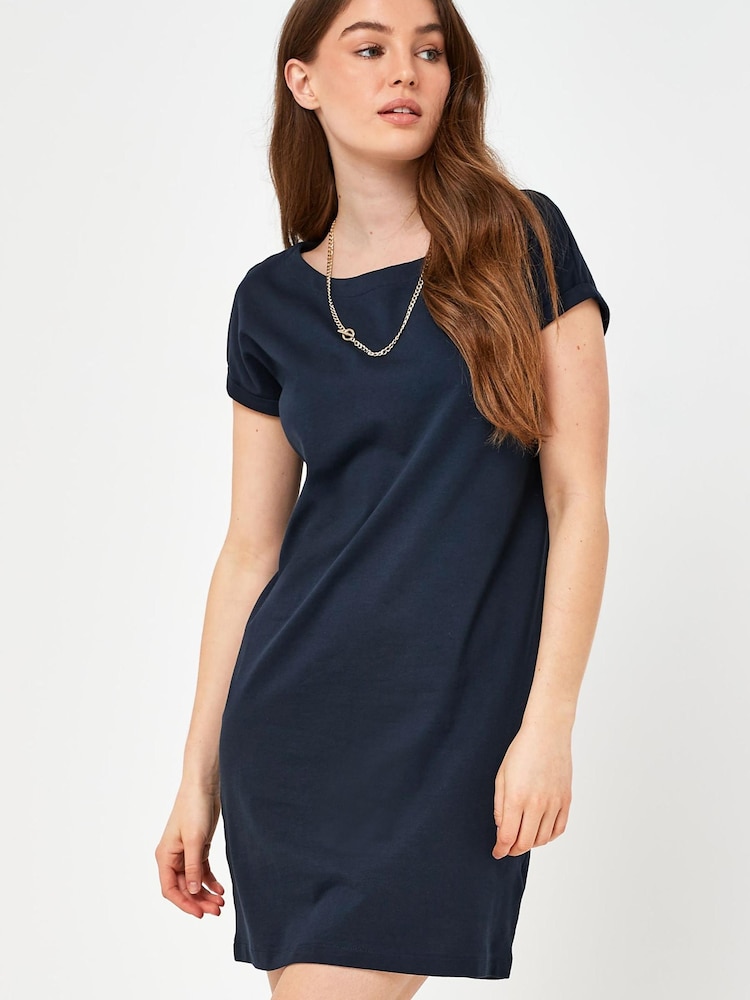 Navy Blue 100% Cotton Relaxed Capped Sleeve Tunic Dress - Image 1 of 5