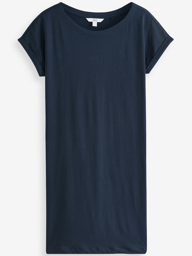 Navy Blue 100% Cotton Relaxed Capped Sleeve Tunic Dress - Image 4 of 5