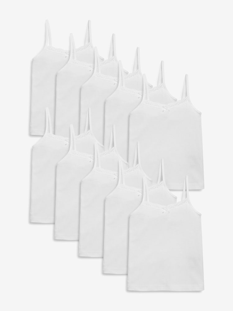 White 10 Pack Strappy Cami Vests (1.5-16yrs) - Image 1 of 4 White 10 Pack Strappy Cami Vests (1.5-16yrs) - Image 1 of 4