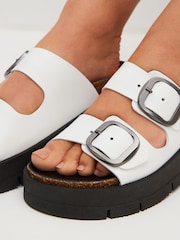 White Forever Comfort® Leather Double Buckle Flatform Sandals - Image 2 of 7