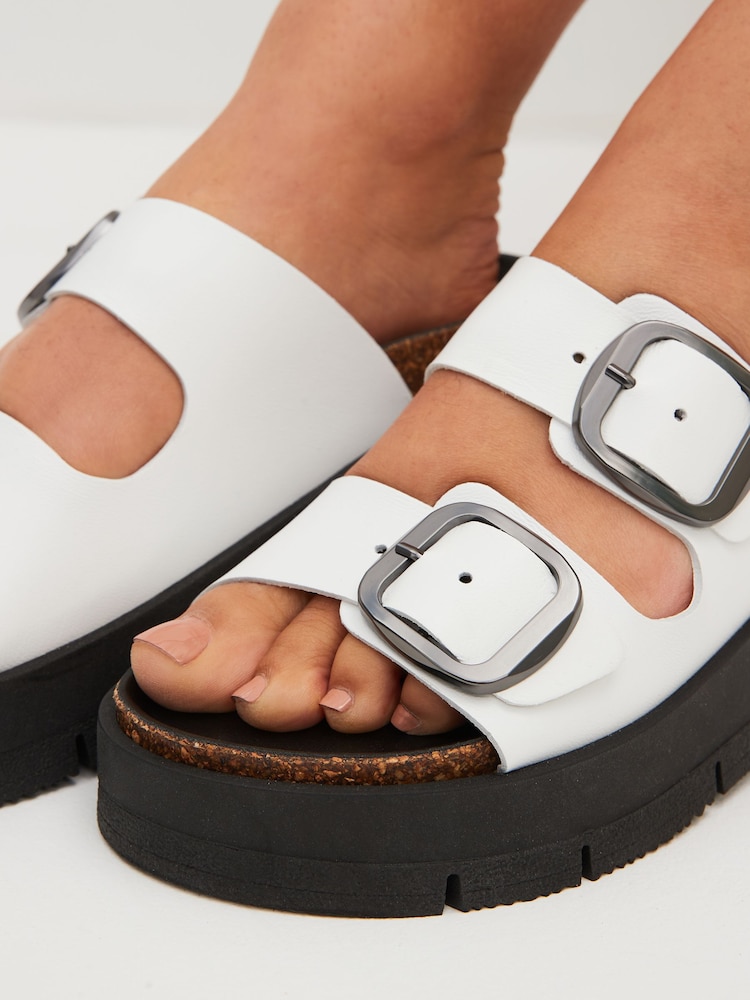 White Forever Comfort® Leather Double Buckle Flatform Sandals - Image 2 of 7