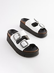 White Forever Comfort® Leather Double Buckle Flatform Sandals - Image 3 of 7