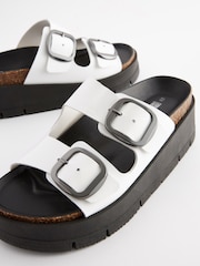 White Forever Comfort® Leather Double Buckle Flatform Sandals - Image 6 of 7