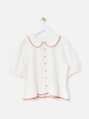 Oliver Bonas Cream Textured Gingham Collar Peplum Blouse - Image 1 of 5