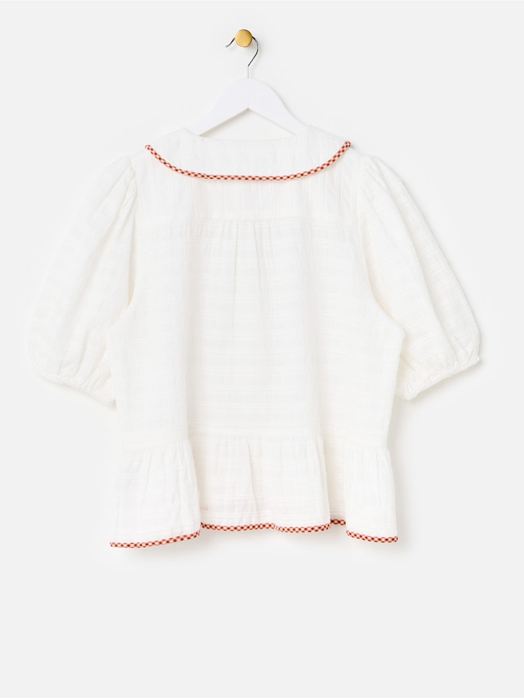 Oliver Bonas Cream Textured Gingham Collar Peplum Blouse - Image 2 of 5 Oliver Bonas Cream Textured Gingham Collar Peplum Blouse - Image 2 of 5