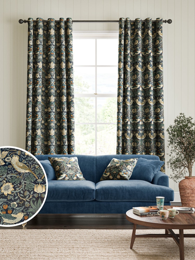 William Morris At Home Indigo Blue Strawberry Thief Velvet Made to Measure Curtains - Image 1 of 9