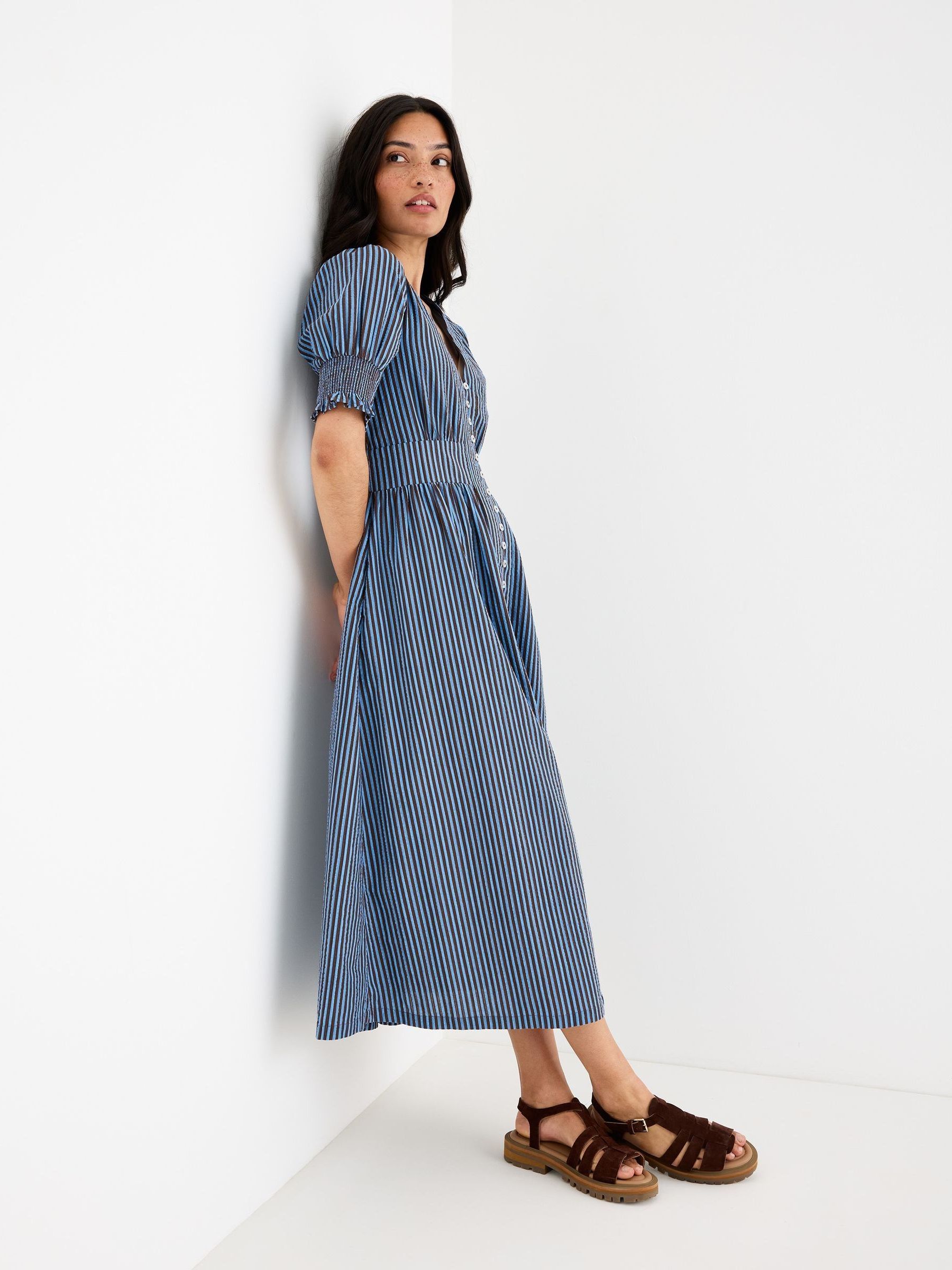 Buy Oliver Bonas Blue Striped V-Neck Seersucker Midi Dress from