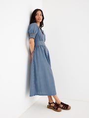 Oliver Bonas Blue Striped V-Neck Seersucker Midi Dress - Image 1 of 6
