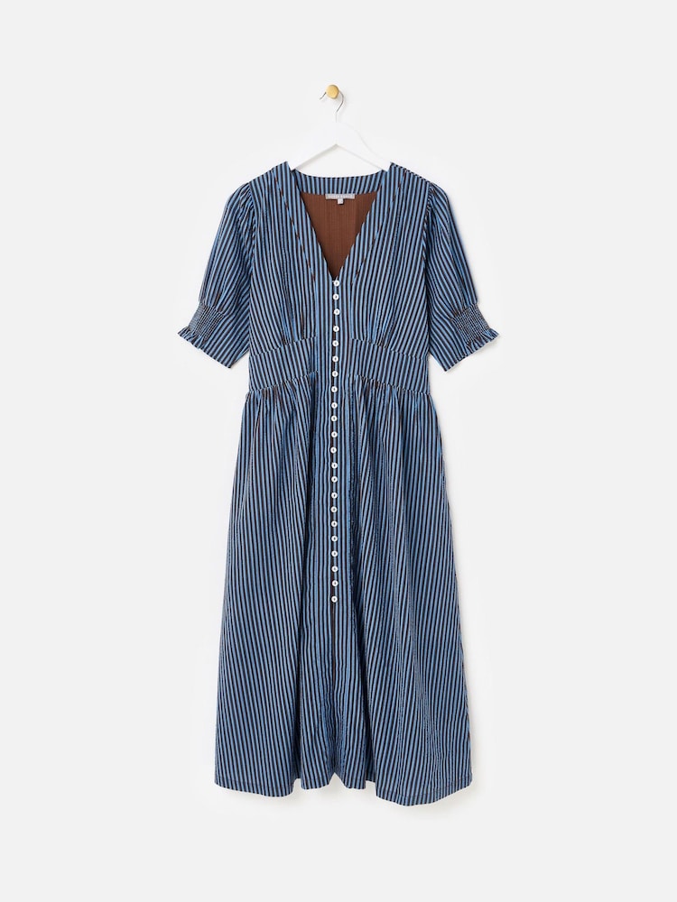 Oliver Bonas Blue Striped V-Neck Seersucker Midi Dress - Image 2 of 6 Oliver Bonas Blue Striped V-Neck Seersucker Midi Dress - Image 2 of 6