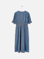 Oliver Bonas Blue Striped V-Neck Seersucker Midi Dress - Image 3 of 6