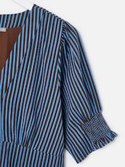 Oliver Bonas Blue Striped V-Neck Seersucker Midi Dress - Image 5 of 6