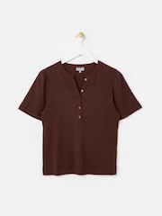 Oliver Bonas Brown Ribbed Short Sleeve Henley Top - Image 1 of 5