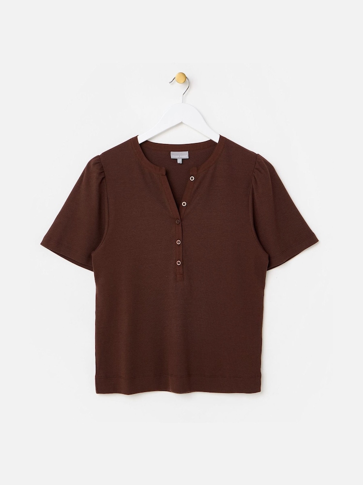 Oliver Bonas Brown Ribbed Short Sleeve Henley Top - Image 1 of 5 Oliver Bonas Brown Ribbed Short Sleeve Henley Top - Image 1 of 5