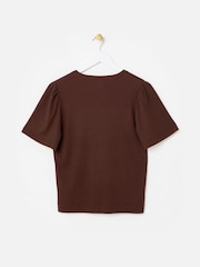 Oliver Bonas Brown Ribbed Short Sleeve Henley Top - Image 2 of 5