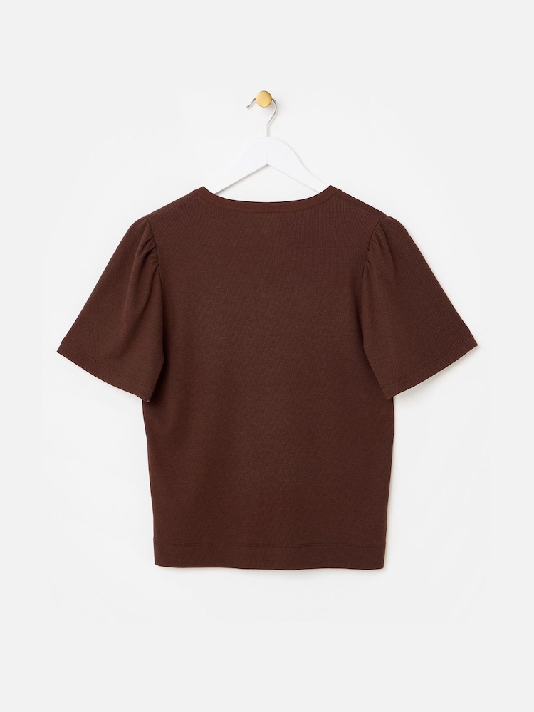 Oliver Bonas Brown Ribbed Short Sleeve Henley Top - Image 2 of 5 Oliver Bonas Brown Ribbed Short Sleeve Henley Top - Image 2 of 5