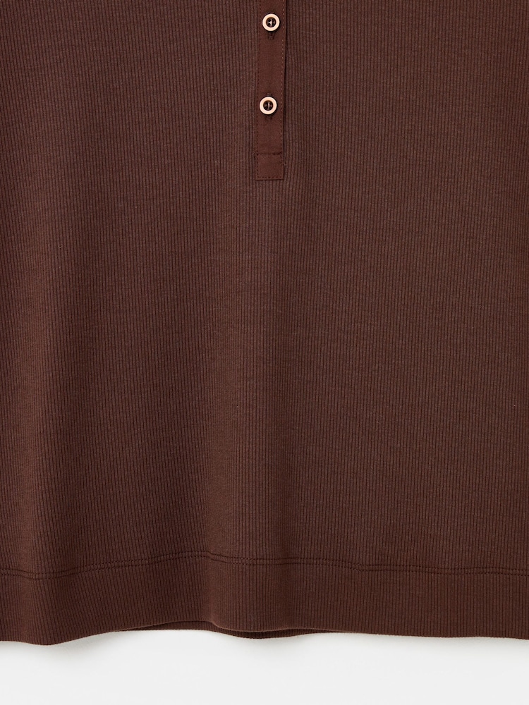 Oliver Bonas Brown Ribbed Short Sleeve Henley Top - Image 5 of 5 Oliver Bonas Brown Ribbed Short Sleeve Henley Top - Image 5 of 5