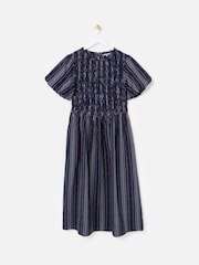 Oliver Bonas Blue Striped Floral Jacquard Shirred Bodice Midi Dress - Image 1 of 5