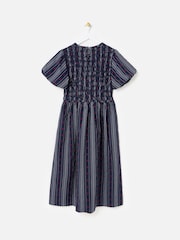 Oliver Bonas Blue Striped Floral Jacquard Shirred Bodice Midi Dress - Image 2 of 5