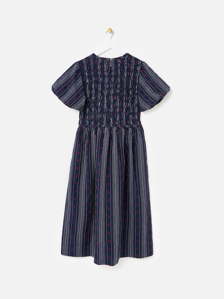 Oliver Bonas Blue Striped Floral Jacquard Shirred Bodice Midi Dress - Image 2 of 5 Oliver Bonas Blue Striped Floral Jacquard Shirred Bodice Midi Dress - Image 2 of 5