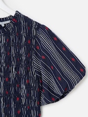 Oliver Bonas Blue Striped Floral Jacquard Shirred Bodice Midi Dress - Image 4 of 5