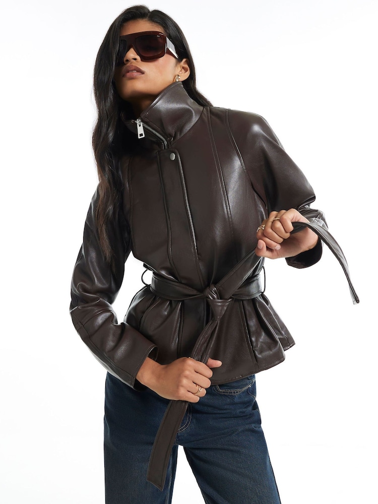 River Island Brown Faux Leather Belted Funnel Neck Jacket - Image 1 of 4