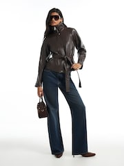 River Island Brown Faux Leather Belted Funnel Neck Jacket - Image 3 of 4