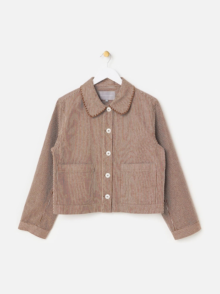 Oliver Bonas Brown Striped Denim Jacket - Image 1 of 6