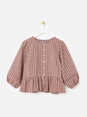 Oliver Bonas Red Checked Button Up Peplum Blouse - Image 1 of 6