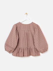 Oliver Bonas Red Checked Button Up Peplum Blouse - Image 2 of 6