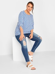 Yours Curve Blue Tab Sleeve Blouse - Image 3 of 4