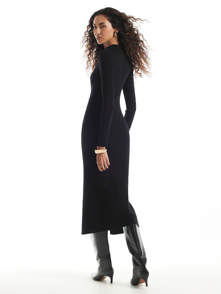 River Island Black Ribbed Button Down Midi Dress - Image 2 of 4
