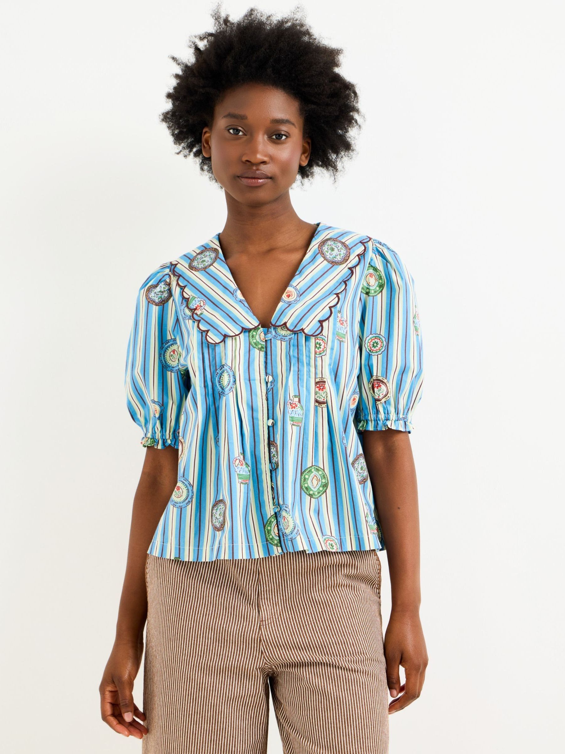 Buy Oliver Bonas Blue Striped Plate Print Scalloped Collar Blouse