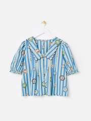 Oliver Bonas Blue Striped Plate Print Scalloped Collar Blouse - Image 1 of 5