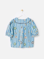 Oliver Bonas Blue Striped Plate Print Scalloped Collar Blouse - Image 2 of 5