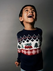 Name It Blue Car Print Christmas Jumper - Image 1 of 4