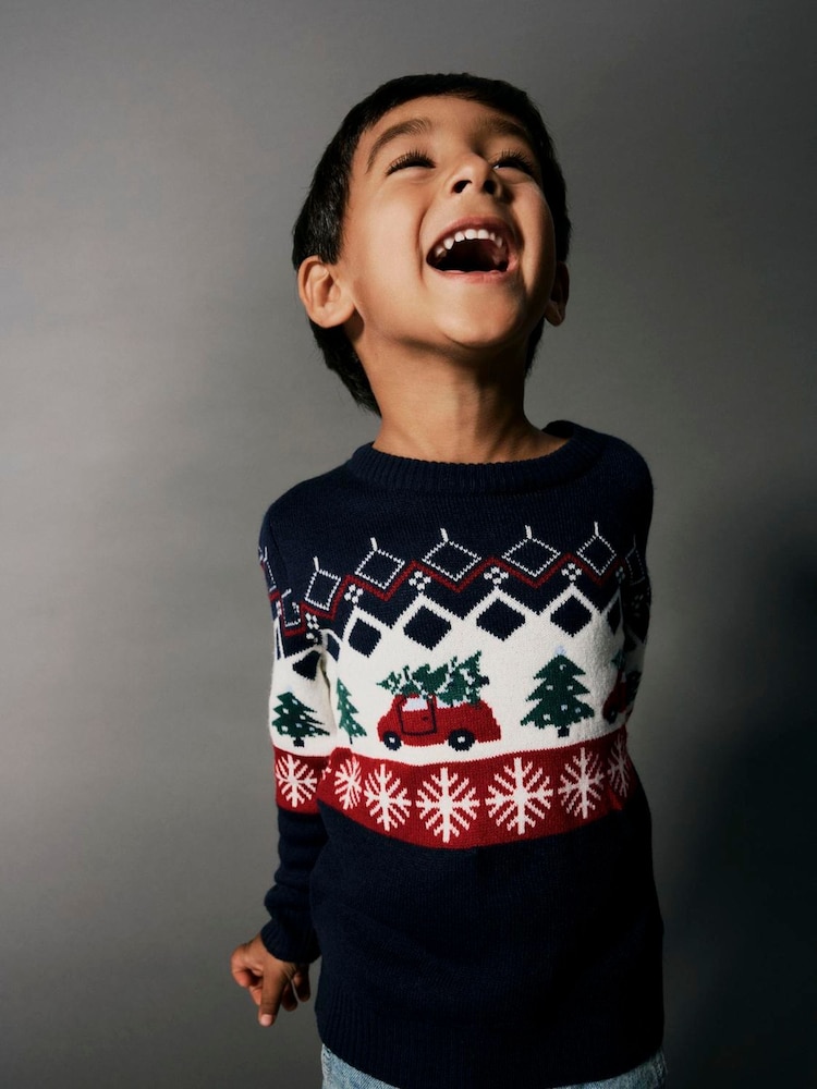 Name It Blue Car Print Christmas Jumper - Image 1 of 4 Name It Blue Car Print Christmas Jumper - Image 1 of 4