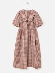 Oliver Bonas Red Checked Frill Collar Tie Front Midi Dress - Image 1 of 5