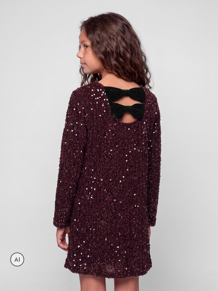 Buy Name It Burgundy Red Sequin Dress With Velvet Bow back Detail from ...