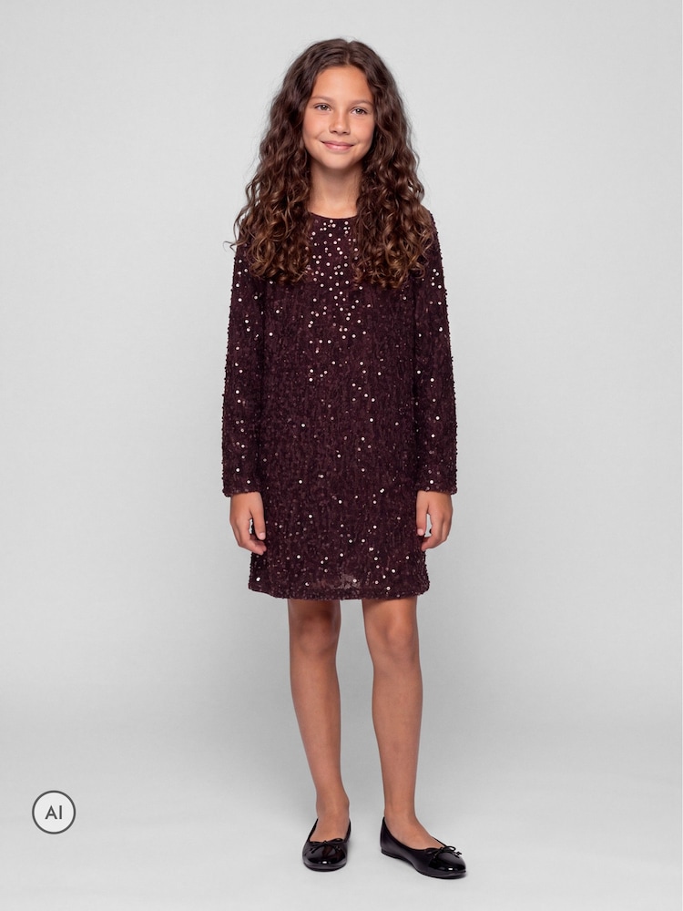 Name It Burgundy Red Sequin Dress With Velvet Bow back Detail - Image 2 of 4