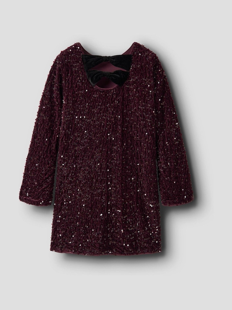 Buy Name It Burgundy Red Sequin Dress With Velvet Bow back Detail from ...