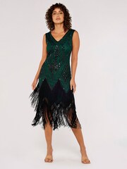 Apricot Green Chevron Sequin Double Frill Gatsby Style Dress - Image 1 of 5