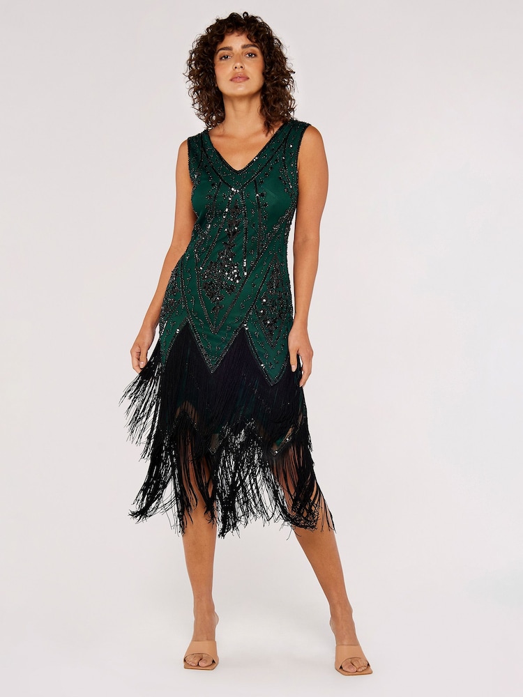 Apricot Green Chevron Sequin Double Frill Gatsby Style Dress - Image 1 of 5 Apricot Green Chevron Sequin Double Frill Gatsby Style Dress - Image 1 of 5