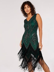 Apricot Green Chevron Sequin Double Frill Gatsby Style Dress - Image 3 of 5
