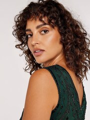 Apricot Green Chevron Sequin Double Frill Gatsby Style Dress - Image 4 of 5