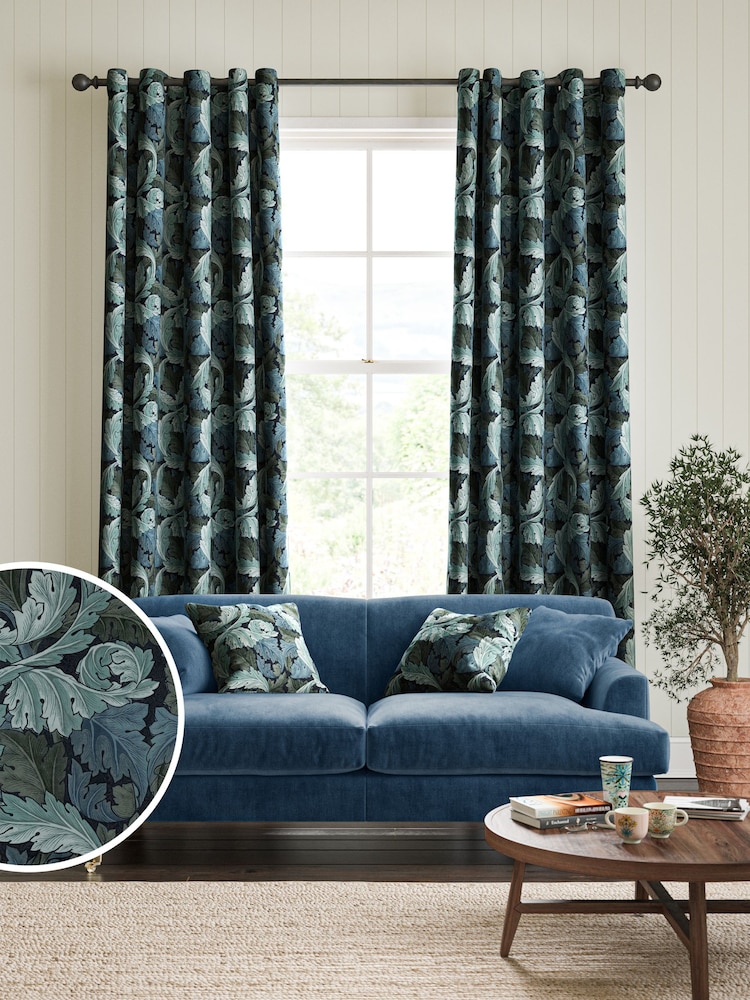 William Morris At Home Indigo Blue Acanthus Velvet Made to Measure Curtains - Image 1 of 9