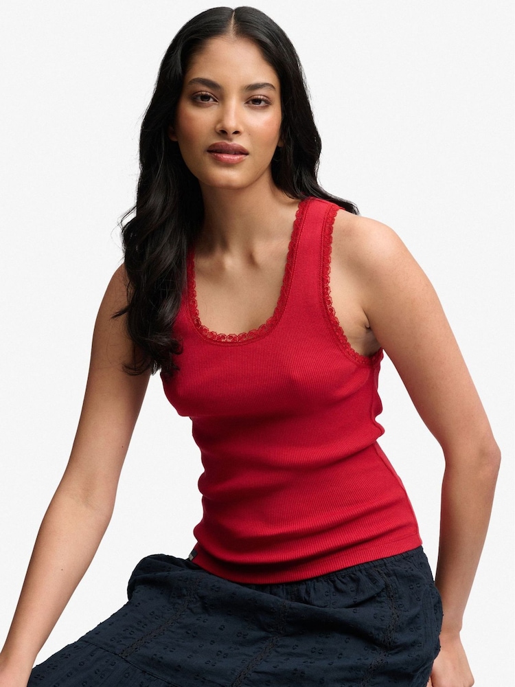SUPERDRY Red Vintage Lace Trim Vest - Image 1 of 7