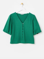 Oliver Bonas Green Textured Button Up Puff Sleeve Top - Image 1 of 5